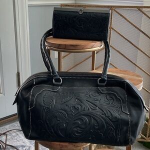 Patricia Nash Black Tooled Leather Satchel Handbag with Matching Wallet